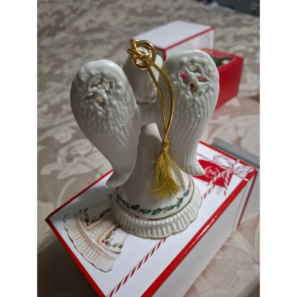 Lenox Holiday Angel Bell Ornament 6in Ivory Porcelain Holly Wreath 879206